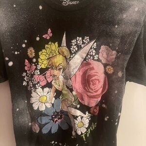 Disney Black Tinker Bell Floral Graphic Tee with Pink Rose